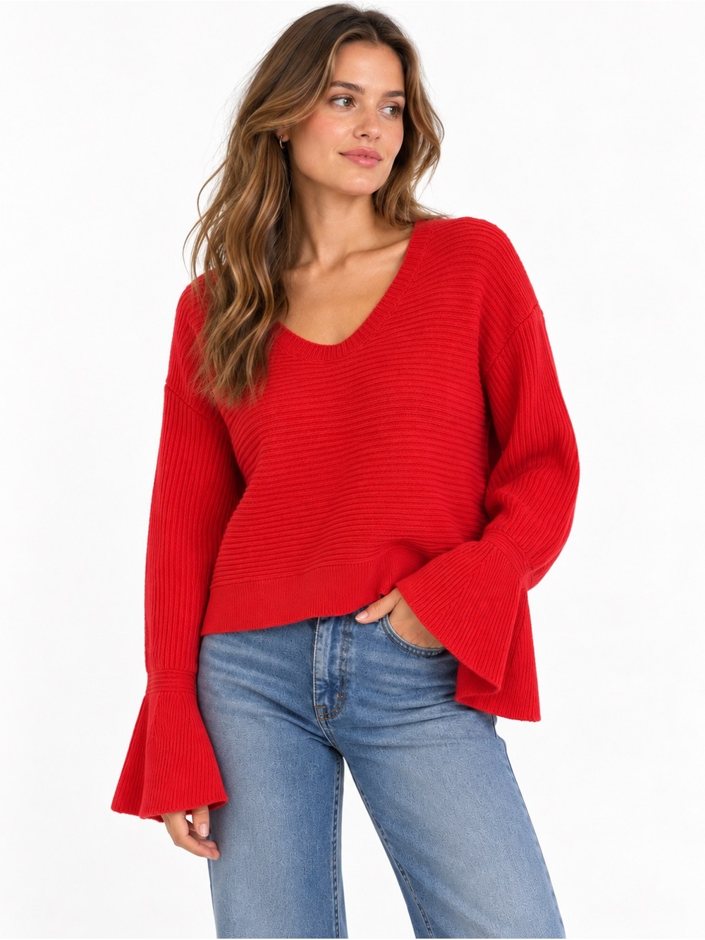 Anthropologie Maeve Red Ribbed Bell Sleeve Sweater Wool Blend Large